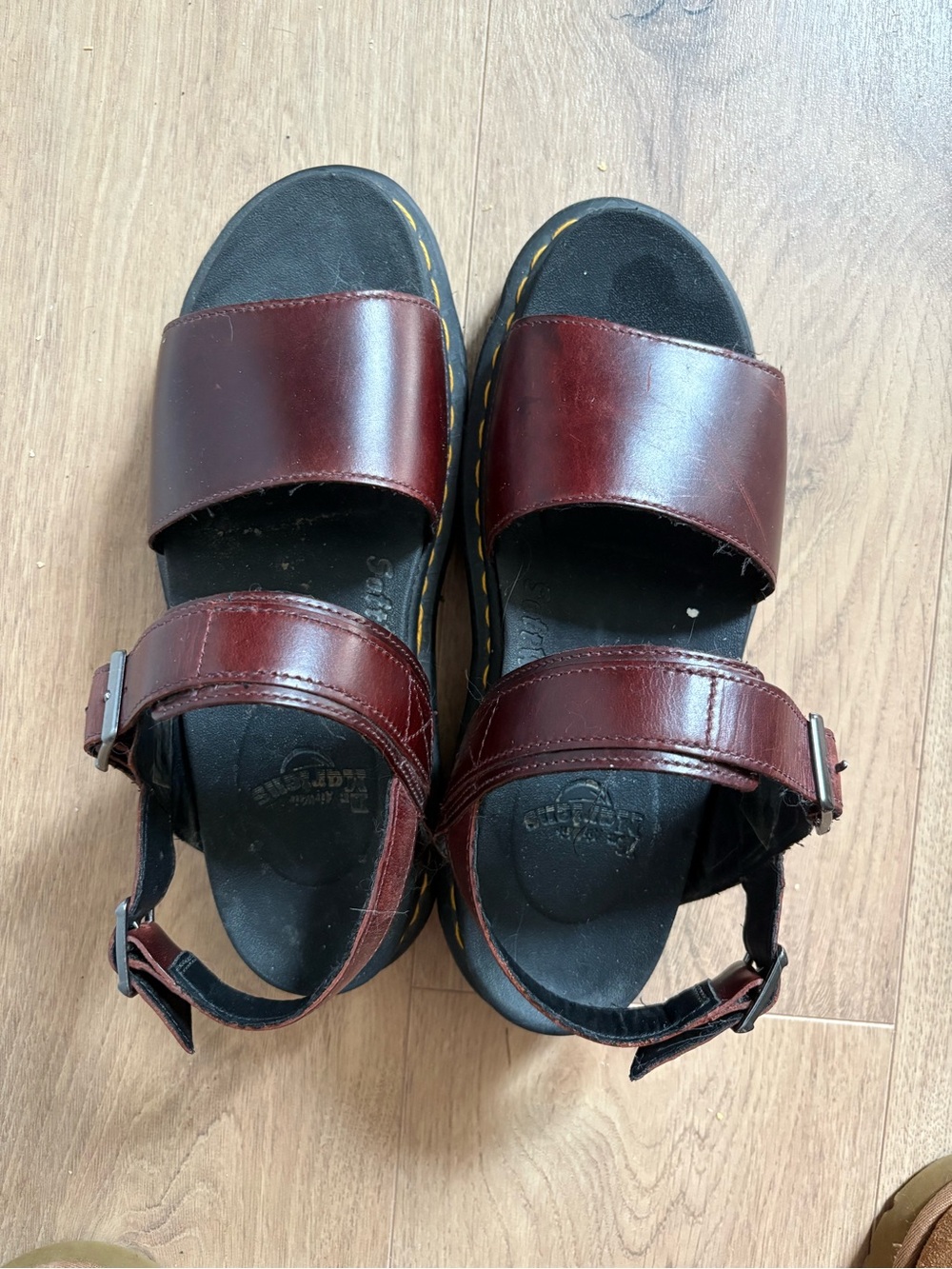 Dr. Martens Burgundy Leather Women's Slide Sandals with Yellow Stitching